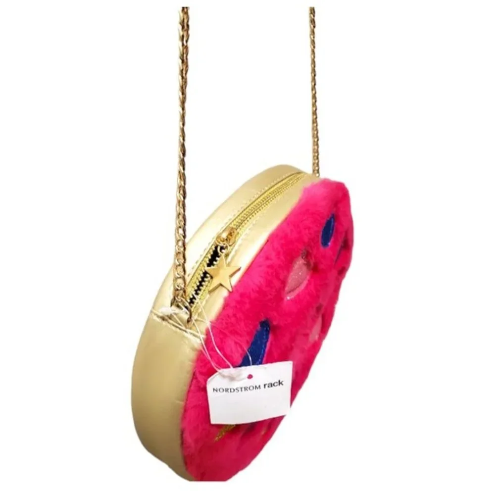 NWT Fuzzy Hot Pink Donut Crossbody Bag Glitter Hearts B Rosy Barbiecore Kidcore